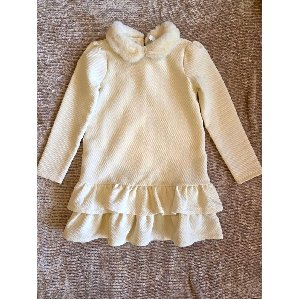 Janie and Jack Girls White A-Line Knit Dress Faux Fur Collar Ruffle Hem 8